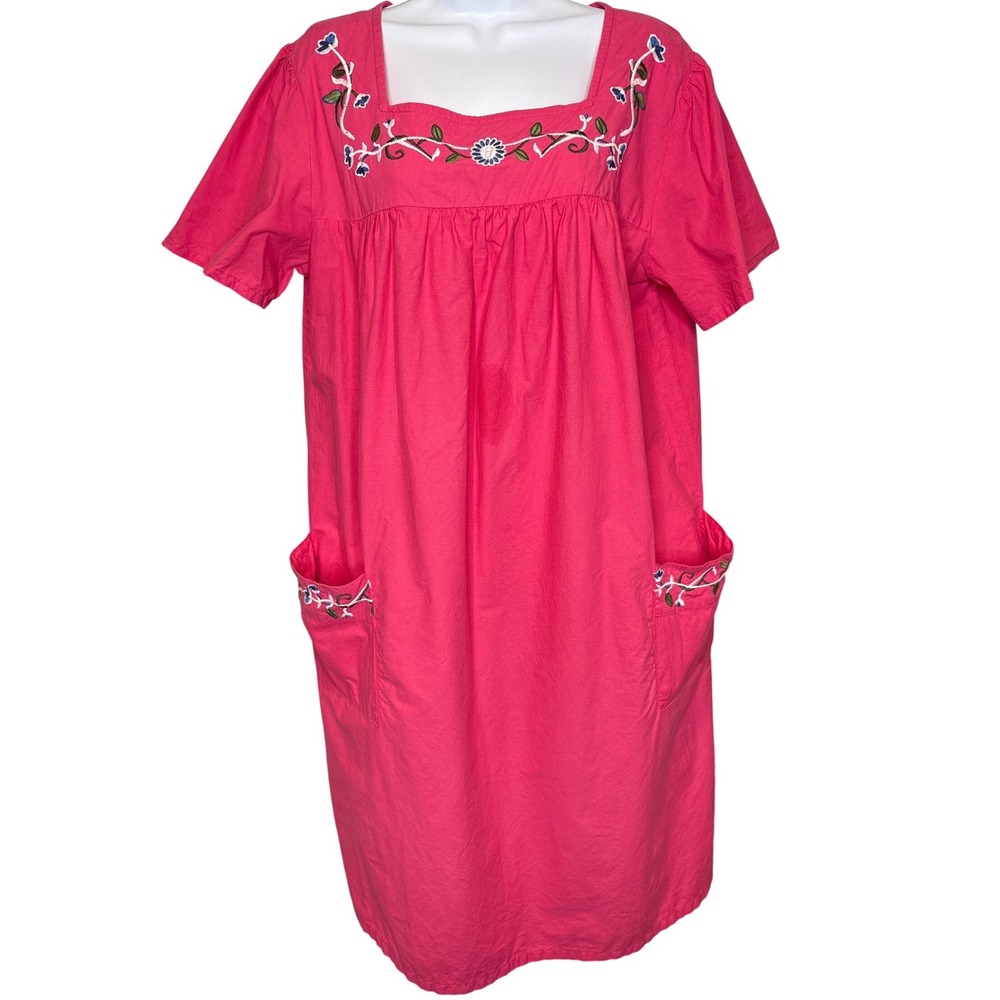 Expressions Womens Pink Cotton Floral Embroidered Muumuu Dress Sz M Cottagecore